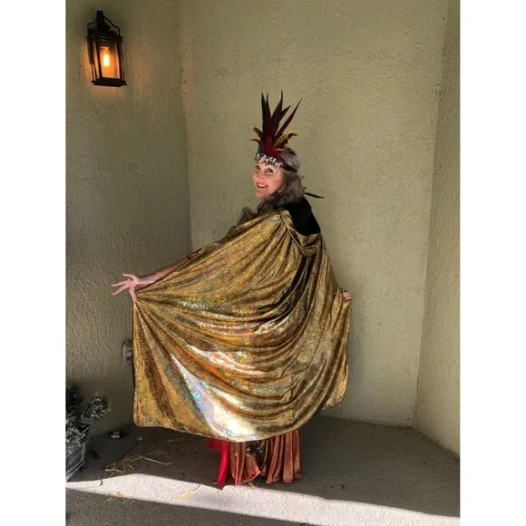 Women's Gold Witch Imported Velvet Cloak Halloween Hooded Cape Medieval Costume - Picture 3 of 6